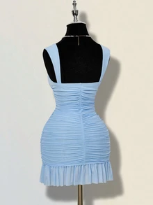 SHEIN ICON Women's Elegant Ruffle Hem Mini Dress, Fitted Silhouette With Mesh Fabric, Suitable For Dates In Summer - Baby Blue - View 8