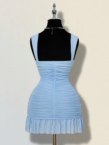 SHEIN ICON Women's Elegant Ruffle Hem Mini Dress, Fitted Silhouette With Mesh Fabric, Suitable For Dates In Summer - Baby Blue - View 2