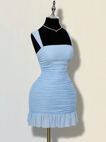 SHEIN ICON Women's Elegant Ruffle Hem Mini Dress, Fitted Silhouette With Mesh Fabric, Suitable For Dates In Summer - Baby Blue - View 9