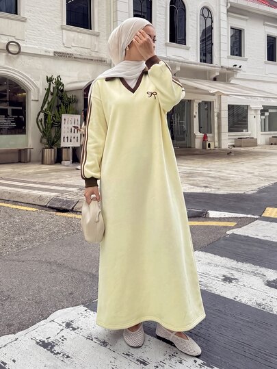 Mulvari Yellow Long Sweatshirt With Contrast Color Bow Embroidery Ribbon Patchwork And Collar Yellow