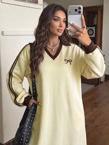 Mulvari Yellow Long Sweatshirt With Contrast Color Bow Embroidery Ribbon Patchwork And Collar Yellow - Yellow - View 4