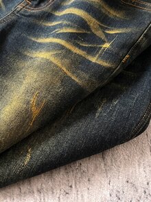 青少年男孩 Y2K 冬季復古藍色抓絨內裡保暖修身牛仔褲，黑色上學款 - 藍色 - 查看 3