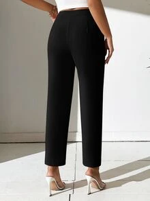 SHEIN PETITE 純色斜口袋長褲，小碼女款 - 黑色 - 查看 3