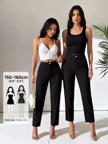 SHEIN PETITE 純色斜口袋長褲，小碼女款 - 黑色 - 查看 2