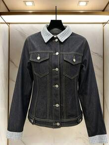 FRIFUL Jaket Denim Kasual Wanita Lengan Panjang Bergaris Patchwork Kancing Tunggal untuk Musim Gugur - Hitam - View 3