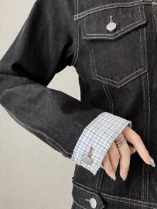 FRIFUL Jaket Denim Kasual Wanita Lengan Panjang Bergaris Patchwork Kancing Tunggal untuk Musim Gugur - Hitam - View 4