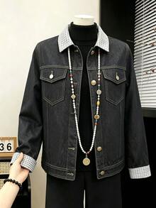 FRIFUL Jaket Denim Kasual Wanita Lengan Panjang Bergaris Patchwork Kancing Tunggal untuk Musim Gugur - Hitam - View 2