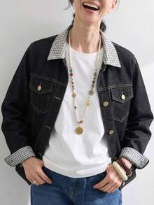 FRIFUL Jaket Denim Kasual Wanita Lengan Panjang Bergaris Patchwork Kancing Tunggal untuk Musim Gugur - Hitam - View 1