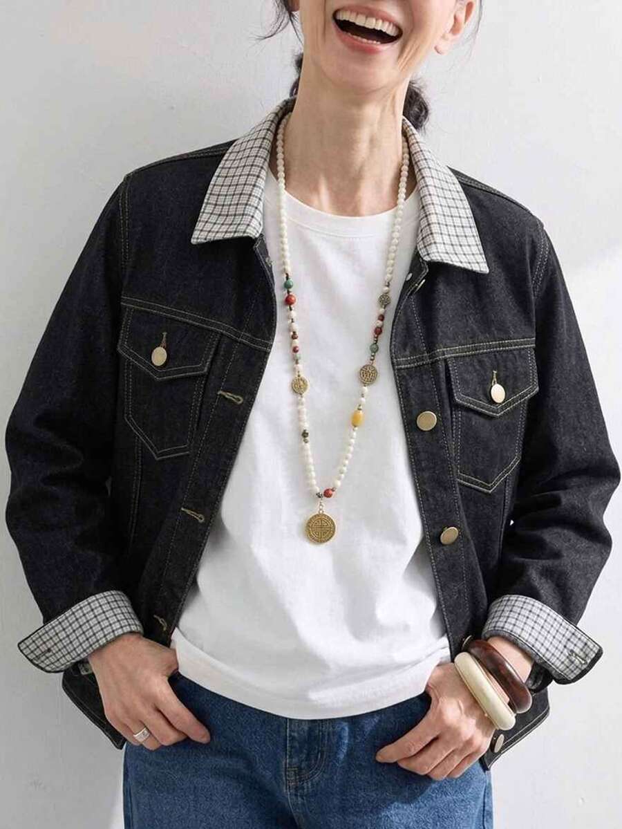 FRIFUL Jaket Denim Kasual Wanita Lengan Panjang Bergaris Patchwork Kancing Tunggal untuk Musim Gugur - Hitam - View 1