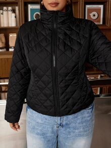 Muchica Women's Plus-Size Casual Short Winter Padded Jacket With Stand Collar, Long Sleeves, And Front Zipper - Black - View 4
