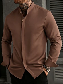 Manfinity CasualCool 男士長袖亨利領棕色襯衫，專為正式商務場合設計，免燙休閒工作服 - 咖啡棕 - 查看 6
