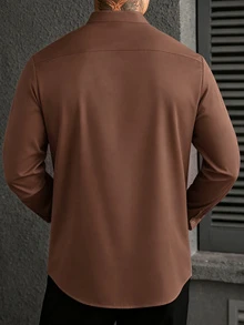 Manfinity CasualCool 男士長袖亨利領棕色襯衫，專為正式商務場合設計，免燙休閒工作服 - 咖啡棕 - 查看 2