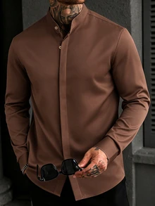 Manfinity CasualCool 男士長袖亨利領棕色襯衫，專為正式商務場合設計，免燙休閒工作服 - 咖啡棕 - 查看 4
