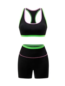 SHEIN Dewbera Set Olahraga Wanita untuk Gym dan Workout Warna Hitam dan Pink Gaya Sporty Musim Panas - MultiWarna - View 8