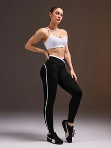 Powerista Contrast Trim Overlap Waist Athletic Leggings Seamless Minimalist Black And White Color Blocking Gym Workout Fitness Running Going Out Training - Black and White - View 8