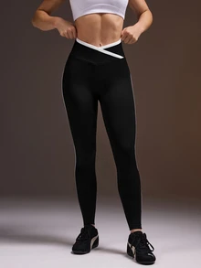 Powerista Contrast Trim Overlap Waist Athletic Leggings Seamless Minimalist Black And White Color Blocking Gym Workout Fitness Running Going Out Training - Black and White - View 4