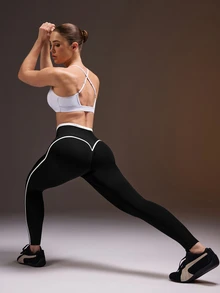 Powerista Contrast Trim Overlap Waist Athletic Leggings Seamless Minimalist Black And White Color Blocking Gym Workout Fitness Running Going Out Training - Black and White - View 7