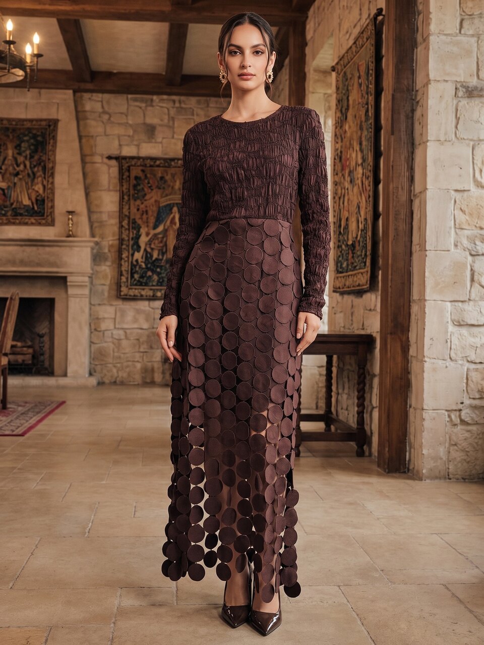 Anewsta Women's New Autumn Elegant Romantic Date Party Waist-Cinching Slimming Mixed Fabric Patchwork Long Dress, Fal Women Clothes, Elegant Dress For Women