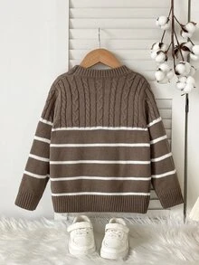 SHEIN 小男孩條紋圓領長袖休閒套頭毛衣 秋冬款 - 彩色 - 查看 2