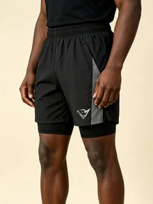 OTTIMOZO Men's Letter Print Double Layer Sports Compression Shorts, Gym - Black - View 5