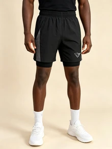 OTTIMOZO Men's Letter Print Double Layer Sports Compression Shorts, Gym - Black - View 6