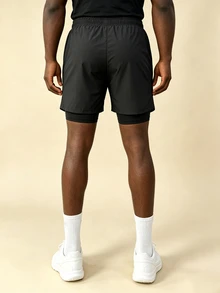 OTTIMOZO Men's Letter Print Double Layer Sports Compression Shorts, Gym - Black - View 2