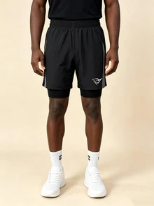 OTTIMOZO Men's Letter Print Double Layer Sports Compression Shorts, Gym - Black - View 3