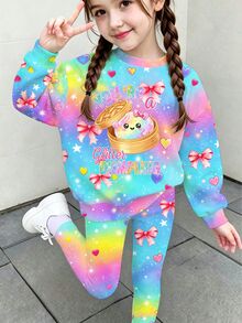 女童秋冬優雅休閒紮染蝴蝶結亮面小丸子印花圓領衛衣與彩色內搭褲兩件套 - 彩色 - 查看 3