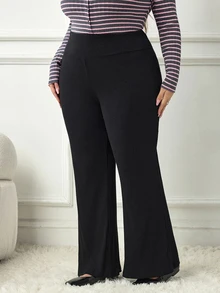 SHEIN CURVE+ 大尺碼黑色羅紋喇叭褲，高腰彈性修身長褲 - 黑色 - 查看 5