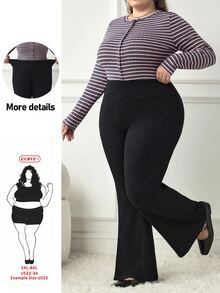 SHEIN CURVE+ 大尺碼黑色羅紋喇叭褲，高腰彈性修身長褲 - 黑色 - 查看 6