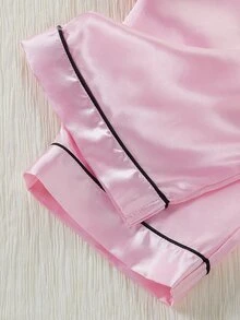 女童緞面純色刺繡長袖上衣與長褲兩件套，居家休閒睡衣，春秋款 - 粉色 - 查看 6