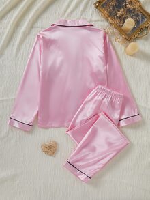女童緞面純色刺繡長袖上衣與長褲兩件套，居家休閒睡衣，春秋款 - 粉色 - 查看 3