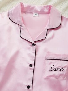 女童緞面純色刺繡長袖上衣與長褲兩件套，居家休閒睡衣，春秋款 - 粉色 - 查看 4