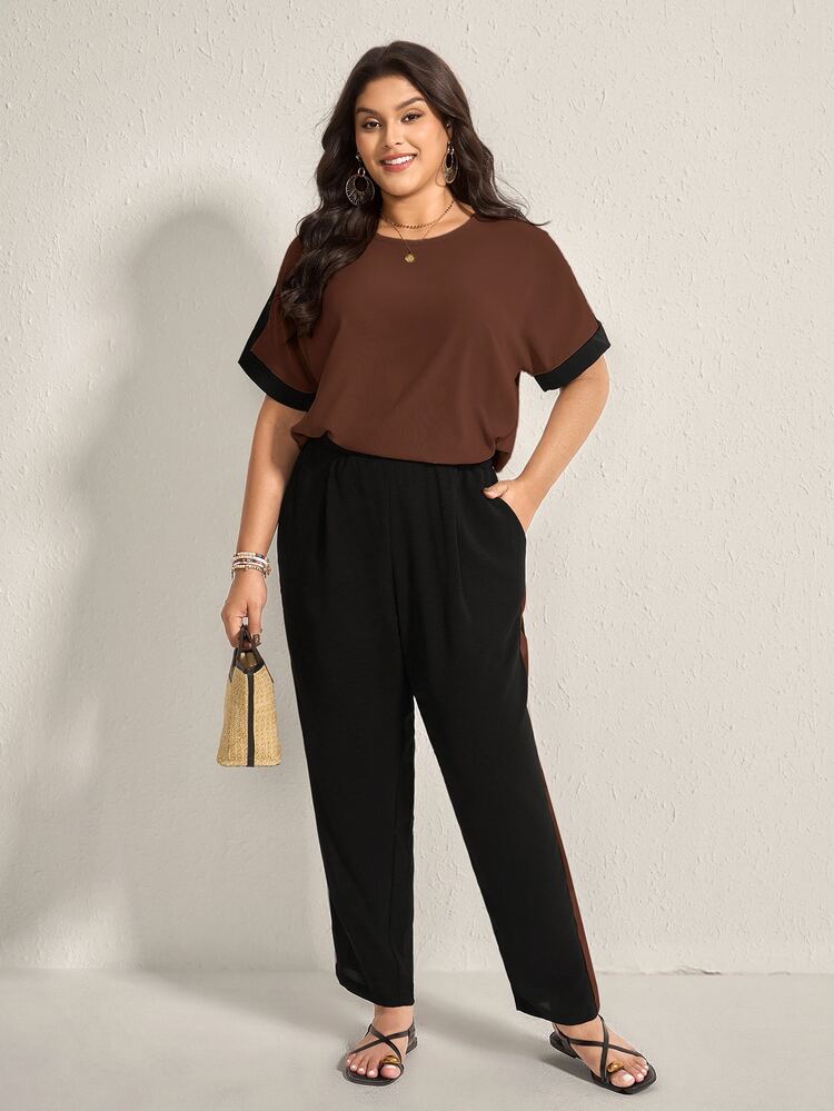 Comfylo Plus Size Summer Casual Contrast Color Short Sleeve Top And Pants Set - Coffee Brown - View 7