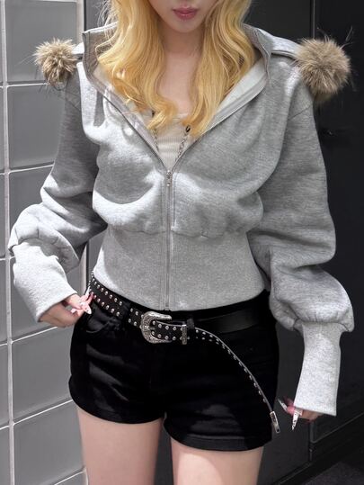 FRIFUL Sudadera con capucha de manga larga estilo coreano Y2K para mujer, holgada, con cremallera y cintura ceñida, gris y negro, para vacaciones, jogging, otoño y salidas nocturnas