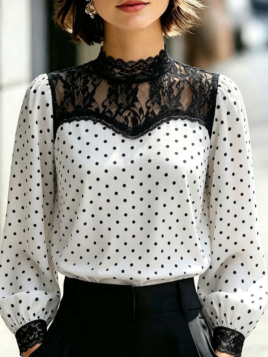 Elenzga Blus Wanita Ukuran Besar Tenun Elegan untuk Bisnis Kasual Musim Gugur - Putih - View 1
