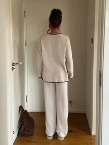 Aloruh Women's Autumn/Winter New Shell Trim Contrast Color Edged Round Neck Long Sleeve Sweater Pants 2 Pieces Set - Apricot - View 2