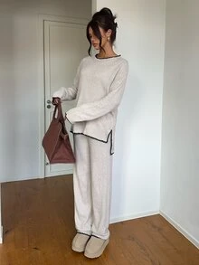 Aloruh Women's Autumn/Winter New Shell Trim Contrast Color Edged Round Neck Long Sleeve Sweater Pants 2 Pieces Set - Apricot - View 5