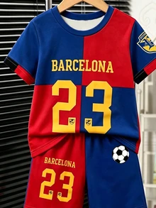 Tween Boys Digital Number Pattern New Short Sleeve & Shorts Set With Number 23 Logo Design, World Cup Soccer Jersey Colorblock Red & Blue Contrast Number Jersey, Sleeve Stamp - Multicolor - View 5