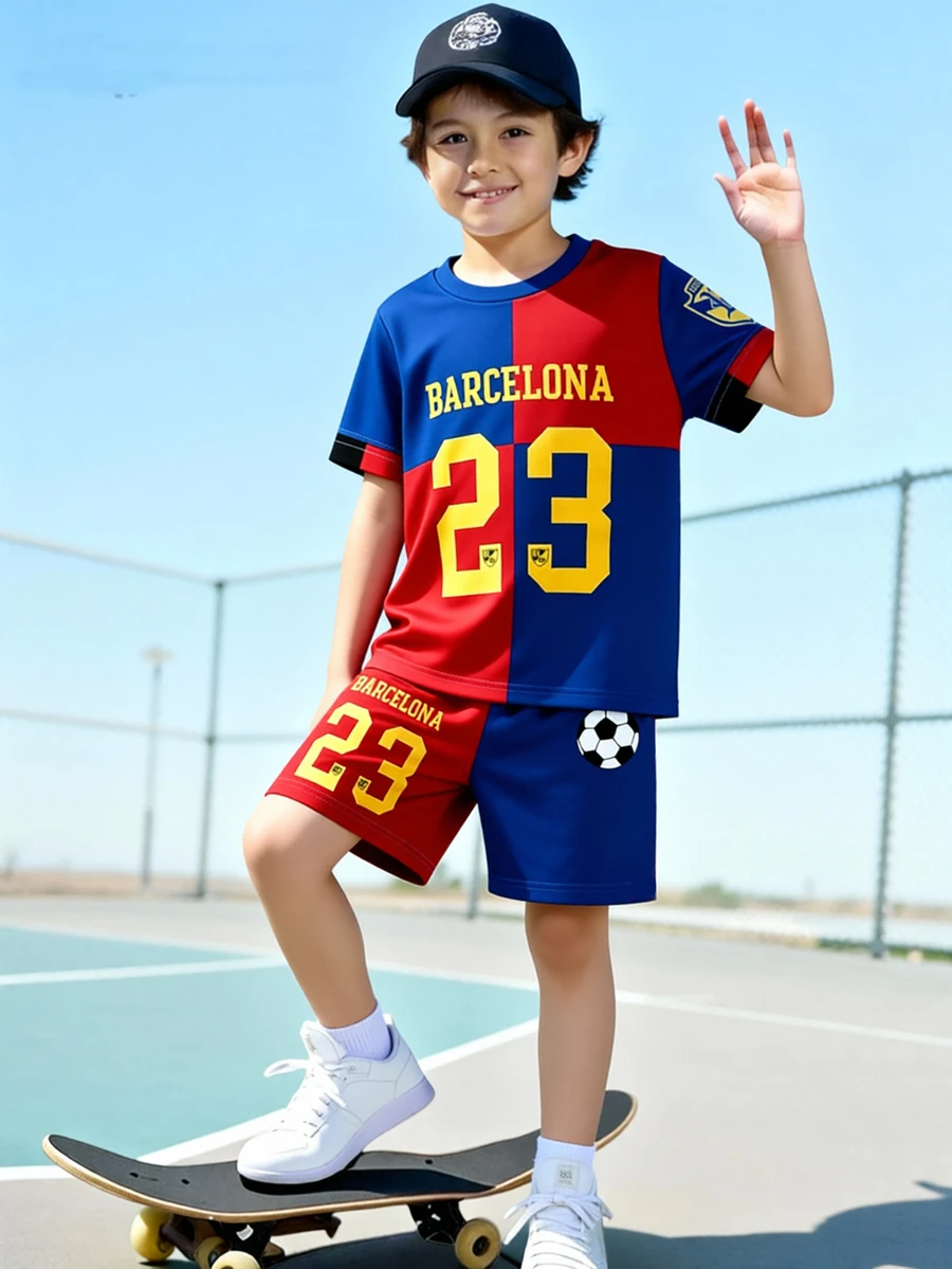 Tween Boys Digital Number Pattern New Short Sleeve & Shorts Set With Number 23 Logo Design, World Cup Soccer Jersey Colorblock Red & Blue Contrast Number Jersey, Sleeve Stamp