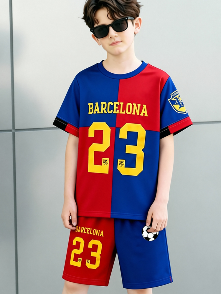 Tween Boys Digital Number Pattern New Short Sleeve & Shorts Set With Number 23 Logo Design, World Cup Soccer Jersey Colorblock Red & Blue Contrast Number Jersey, Sleeve Stamp - Multicolor - View 3