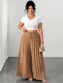 Elenzga Quần ống rộng xếp ly cài nút thanh lịch cho nữ size lớn, vải dệt không co giãn, lựa chọn hoàn hảo cho mùa thu - Màu nâu  Mocha - Xem 6