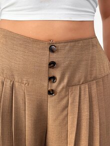 Elenzga Quần ống rộng xếp ly cài nút thanh lịch cho nữ size lớn, vải dệt không co giãn, lựa chọn hoàn hảo cho mùa thu - Màu nâu  Mocha - Xem 7