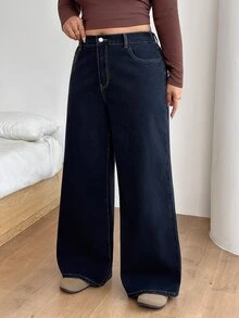 SHEIN PETITE CURVE 大尺碼女款休閒日常牛仔褲，附口袋與鈕扣設計 - 黑色 - 查看 6