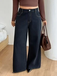 SHEIN PETITE CURVE 大尺碼女款休閒日常牛仔褲，附口袋與鈕扣設計 - 黑色 - 查看 1