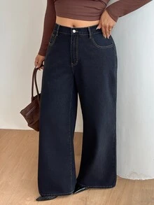 SHEIN PETITE CURVE 大尺碼女款休閒日常牛仔褲，附口袋與鈕扣設計 - 黑色 - 查看 7