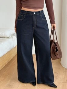 SHEIN PETITE CURVE 大尺碼女款休閒日常牛仔褲，附口袋與鈕扣設計 - 黑色 - 查看 3