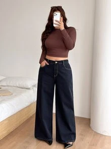 SHEIN PETITE CURVE 大尺碼女款休閒日常牛仔褲，附口袋與鈕扣設計 - 黑色 - 查看 5