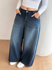 SHEIN PETITE CURVE 大尺碼女款水洗牛仔褲，簡約休閒日常穿搭 - 藍色 - 查看 1