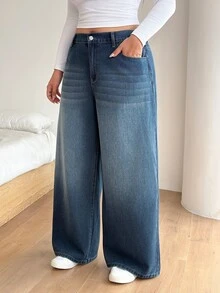 SHEIN PETITE CURVE 大尺碼女款水洗牛仔褲，簡約休閒日常穿搭 - 藍色 - 查看 7